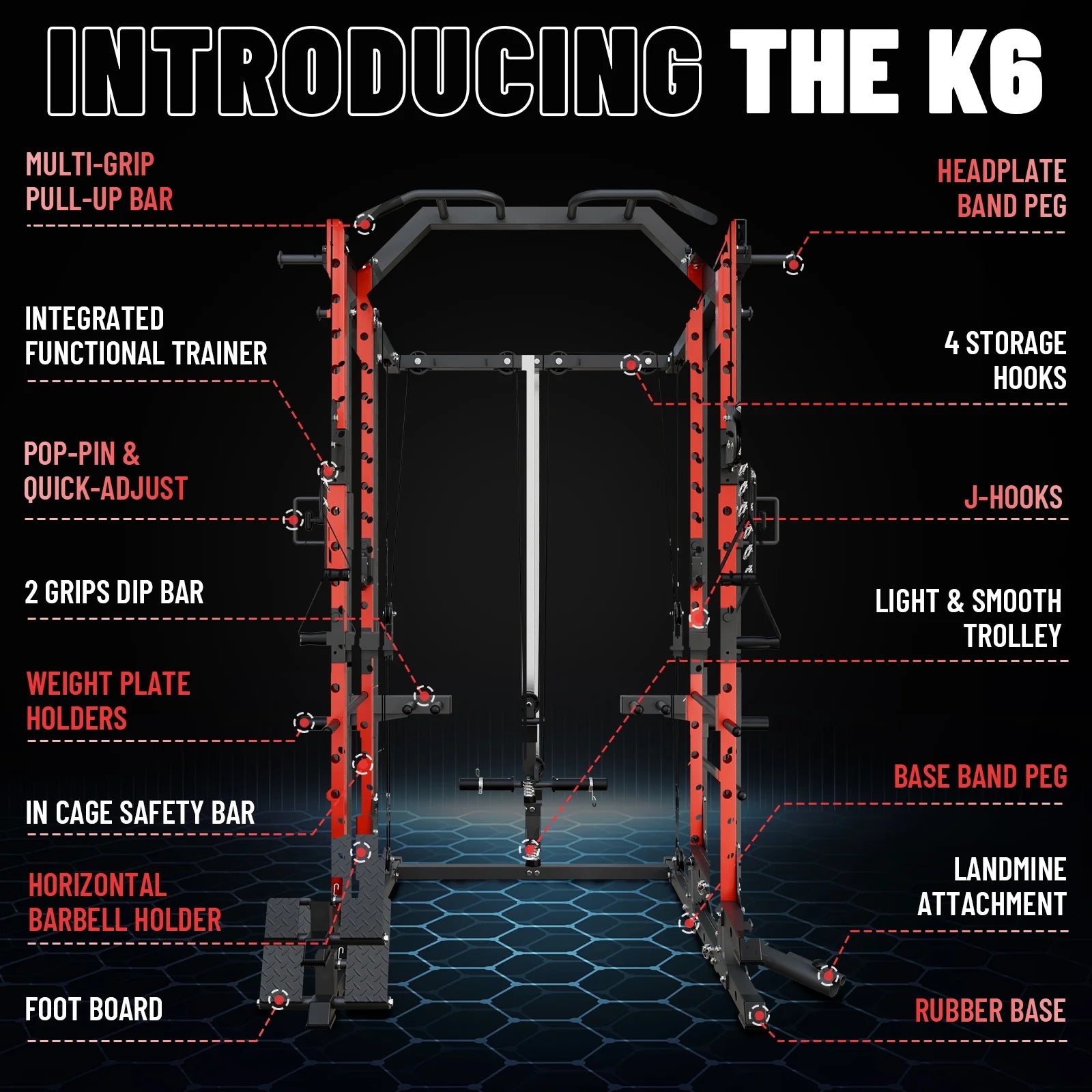 Ultimate Power Rack Cage: 1500 Lbs Weight Rack with Versatile Cable Crossover Machine – Multi-Function Squat Rack Featuring J Hooks, Dip Bars, and Landmine for Your Home Gym (Red)