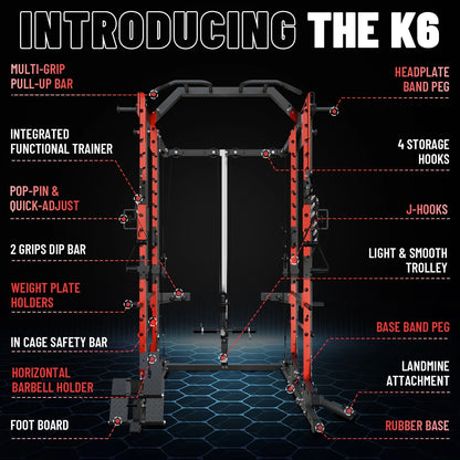 Ultimate Power Rack Cage: 1500 Lbs Weight Rack with Versatile Cable Crossover Machine – Multi-Function Squat Rack Featuring J Hooks, Dip Bars, and Landmine for Your Home Gym (Red)