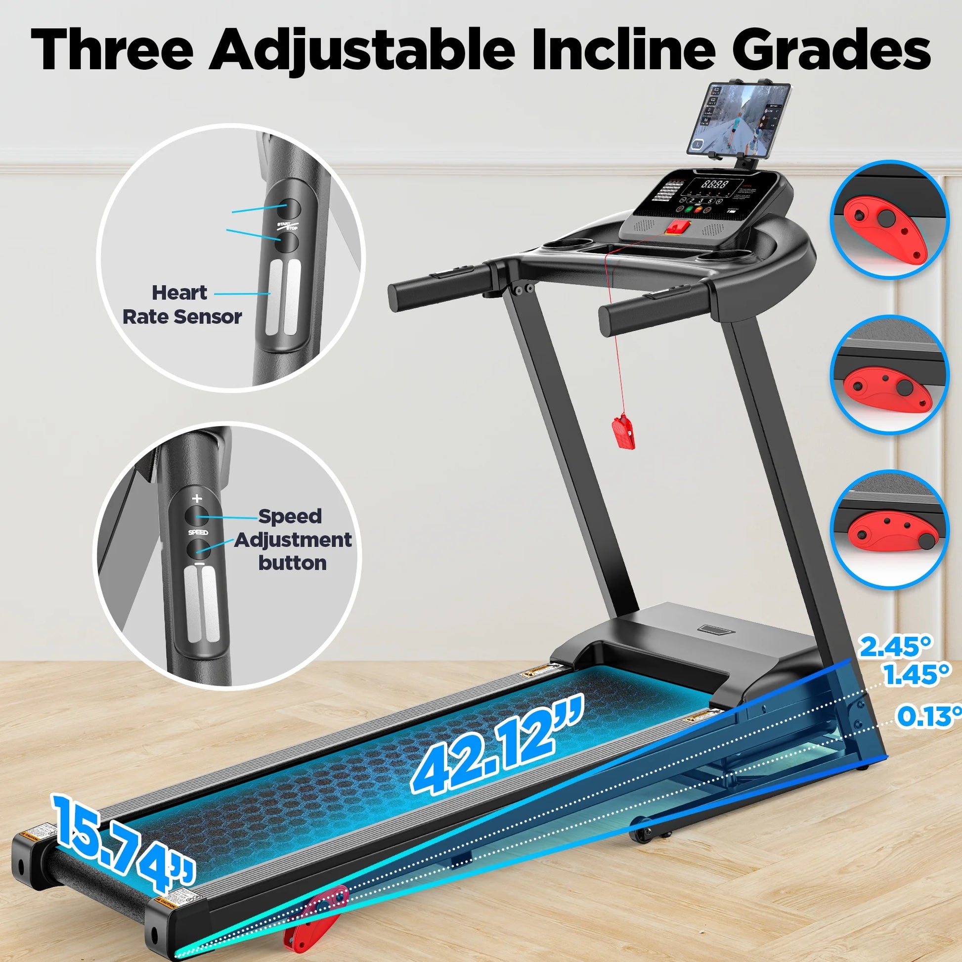 300Lbs Capacity Folding Incline Treadmill: Versatile Home Running Machine with 64+ Programs, Virtual APP Control, and Adjustable iPad Holder