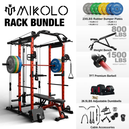Ultimate Power Rack Cage: 1500 Lbs Weight Rack with Versatile Cable Crossover Machine – Multi-Function Squat Rack Featuring J Hooks, Dip Bars, and Landmine for Your Home Gym (Red)