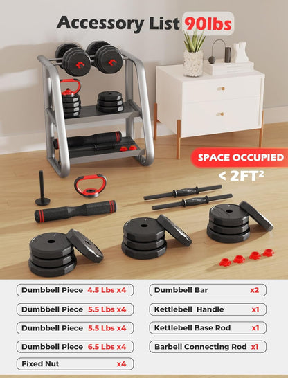 Elevate Your Fitness Game with Our 90Lbs 6-in-1 Adjustable Dumbbell Set - Perfect for Home Gyms and Any Fitness Level!