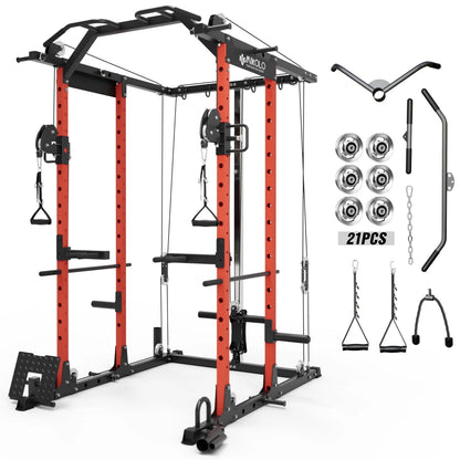Ultimate Power Rack Cage: 1500 Lbs Weight Rack with Versatile Cable Crossover Machine – Multi-Function Squat Rack Featuring J Hooks, Dip Bars, and Landmine for Your Home Gym (Red)