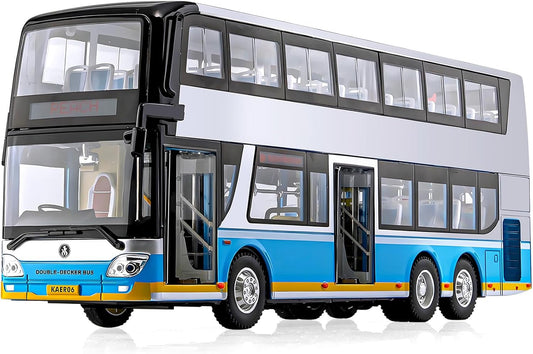 Exciting Silver 1/42 Scale Diecast Double Decker City Bus Toy - Light-Up Features & Openable Doors for Endless Imaginative Play - Perfect Gift for Young Bus Enthusiasts!