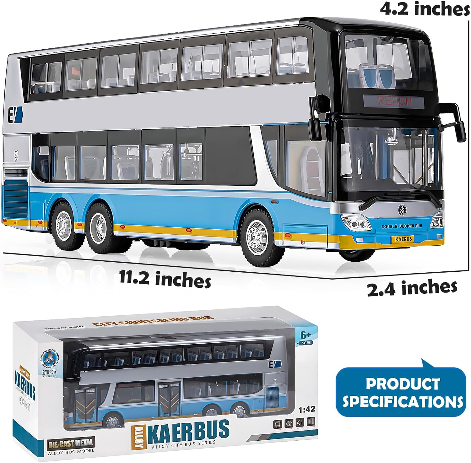 Exciting Silver 1/42 Scale Diecast Double Decker City Bus Toy - Light-Up Features & Openable Doors for Endless Imaginative Play - Perfect Gift for Young Bus Enthusiasts!