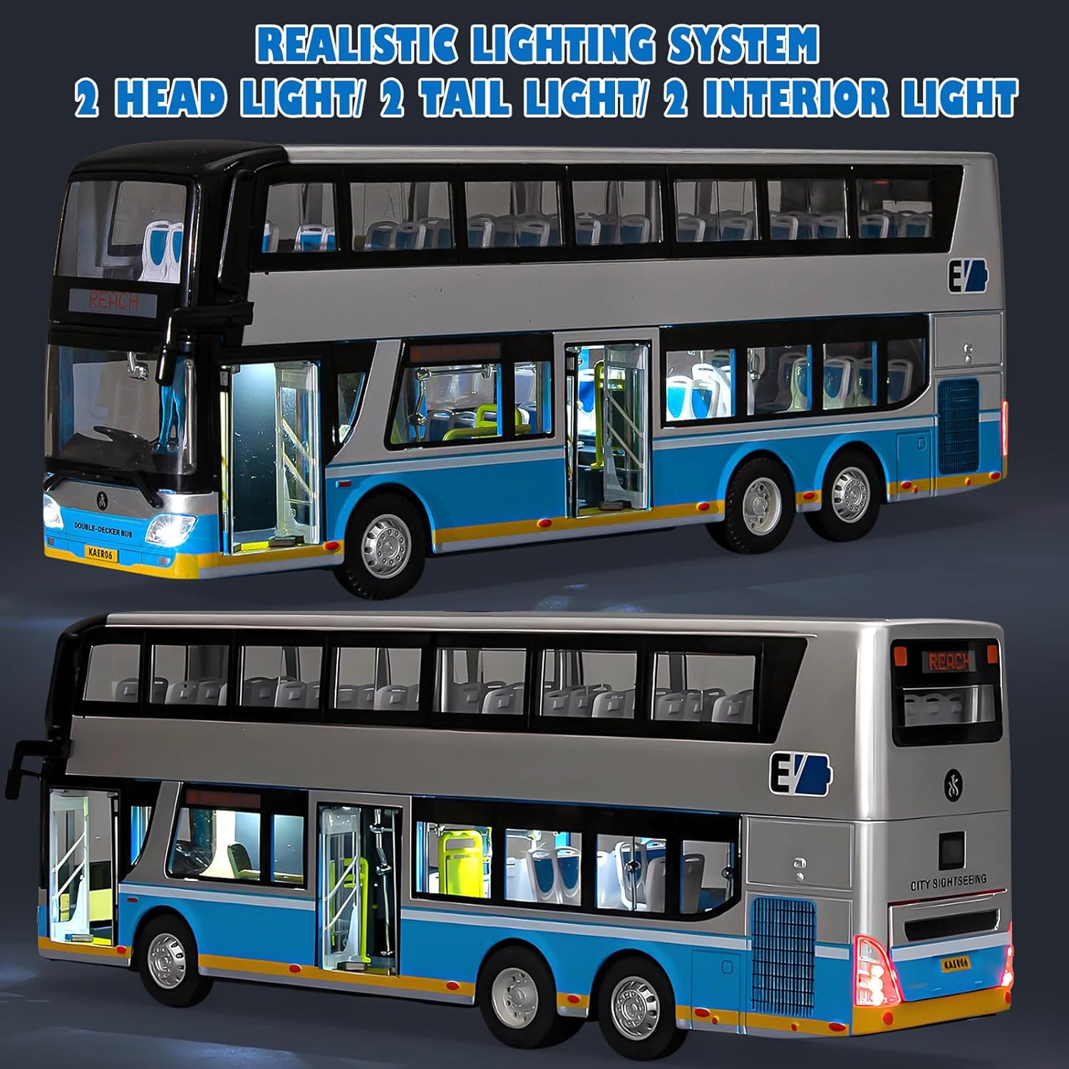 Exciting Silver 1/42 Scale Diecast Double Decker City Bus Toy - Light-Up Features & Openable Doors for Endless Imaginative Play - Perfect Gift for Young Bus Enthusiasts!