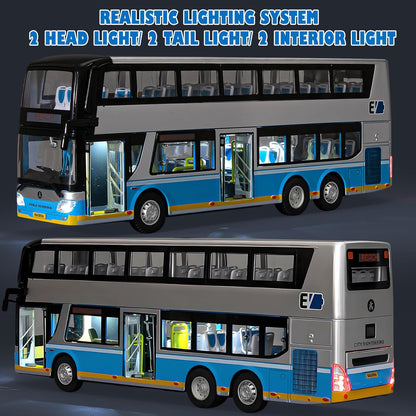 Exciting Silver 1/42 Scale Diecast Double Decker City Bus Toy - Light-Up Features & Openable Doors for Endless Imaginative Play - Perfect Gift for Young Bus Enthusiasts!