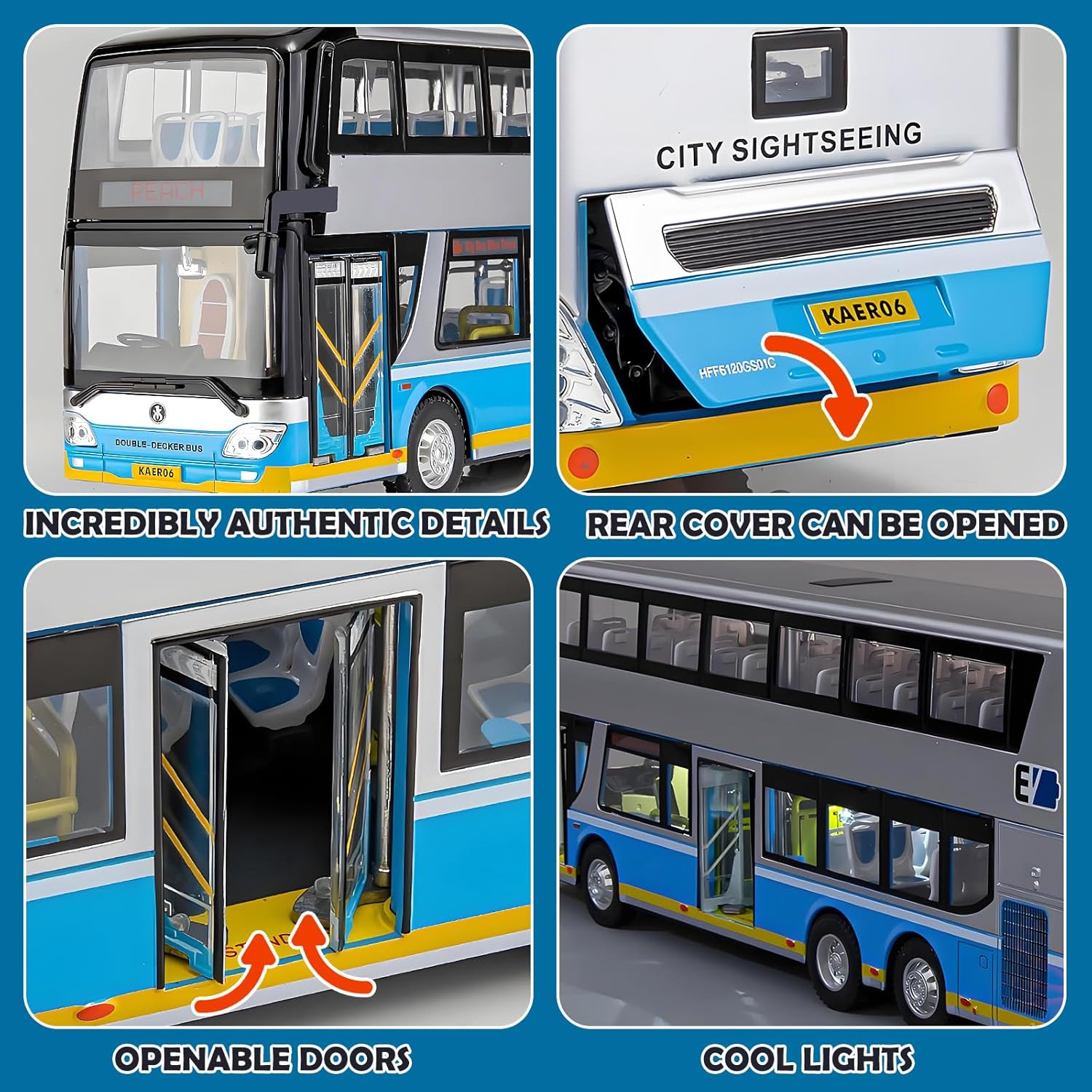 Exciting Silver 1/42 Scale Diecast Double Decker City Bus Toy - Light-Up Features & Openable Doors for Endless Imaginative Play - Perfect Gift for Young Bus Enthusiasts!