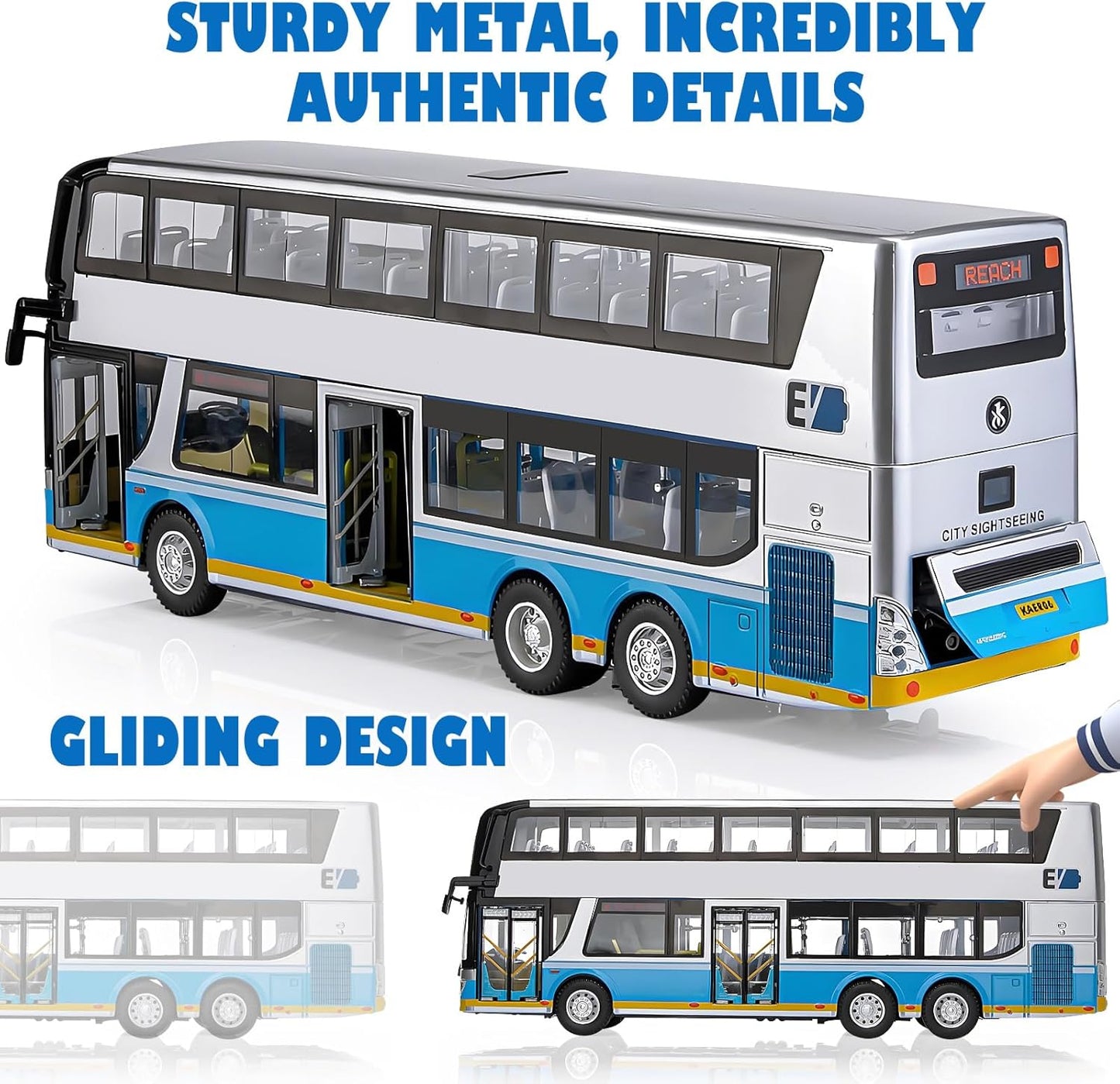 Exciting Silver 1/42 Scale Diecast Double Decker City Bus Toy - Light-Up Features & Openable Doors for Endless Imaginative Play - Perfect Gift for Young Bus Enthusiasts!