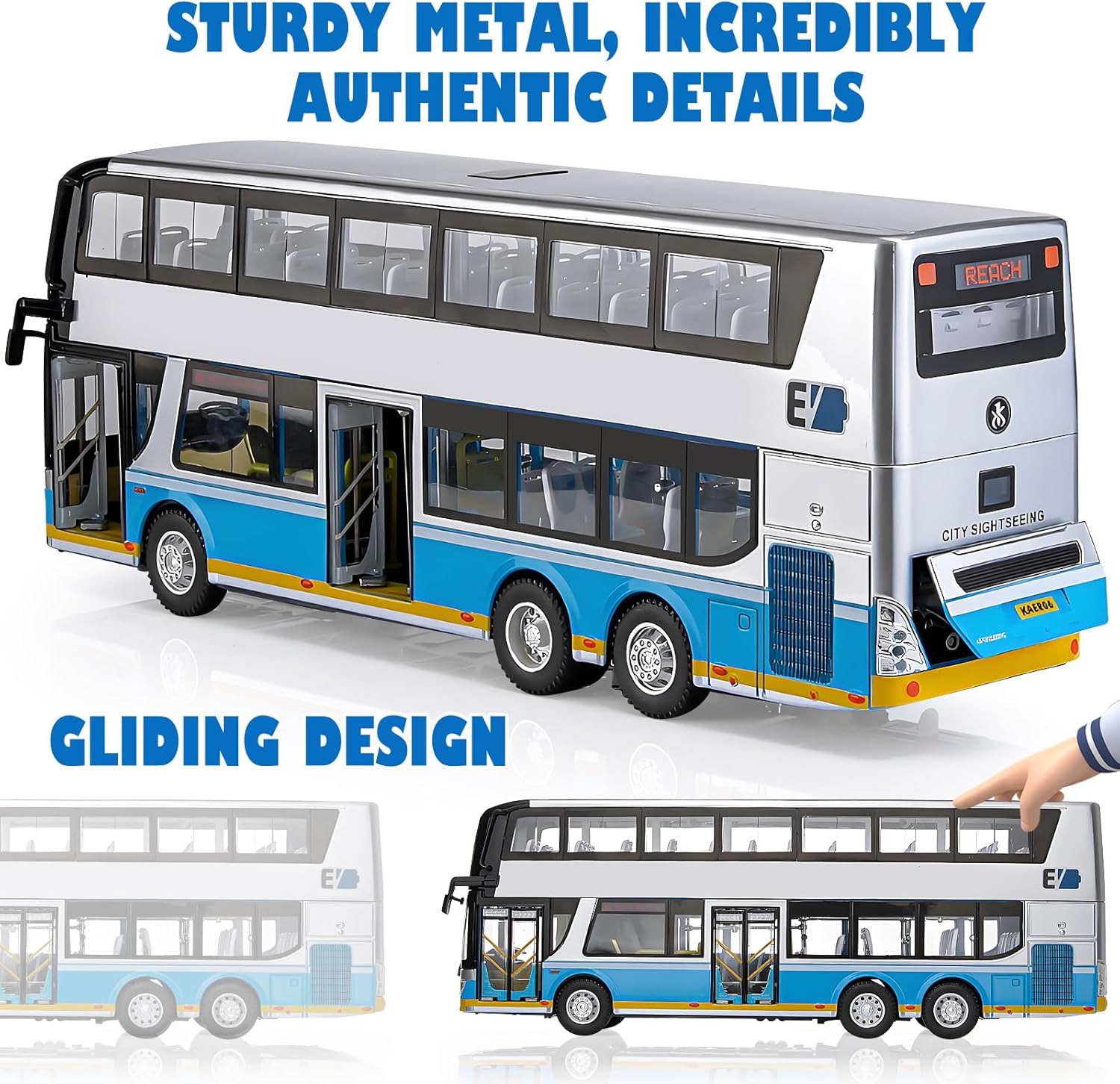 Exciting Silver 1/42 Scale Diecast Double Decker City Bus Toy - Light-Up Features & Openable Doors for Endless Imaginative Play - Perfect Gift for Young Bus Enthusiasts!