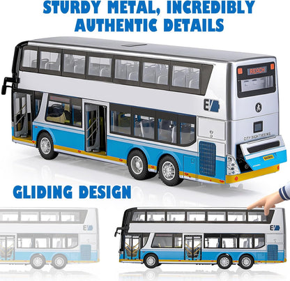 Exciting Silver 1/42 Scale Diecast Double Decker City Bus Toy - Light-Up Features & Openable Doors for Endless Imaginative Play - Perfect Gift for Young Bus Enthusiasts!