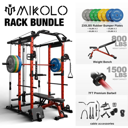 Ultimate Power Rack Cage: 1500 Lbs Weight Rack with Versatile Cable Crossover Machine – Multi-Function Squat Rack Featuring J Hooks, Dip Bars, and Landmine for Your Home Gym (Red)