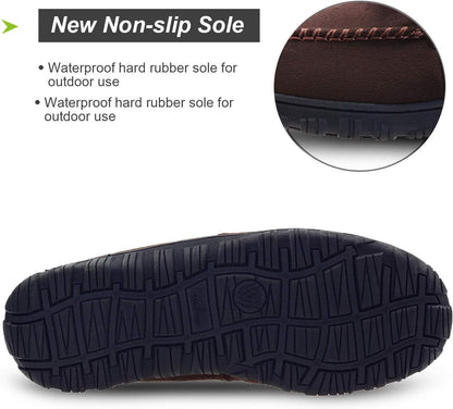 Men'S Moccasin Slippers Memory Foam Warm Plush House Slippers, Indoor Outdoor Comfortable Winter House Shoes