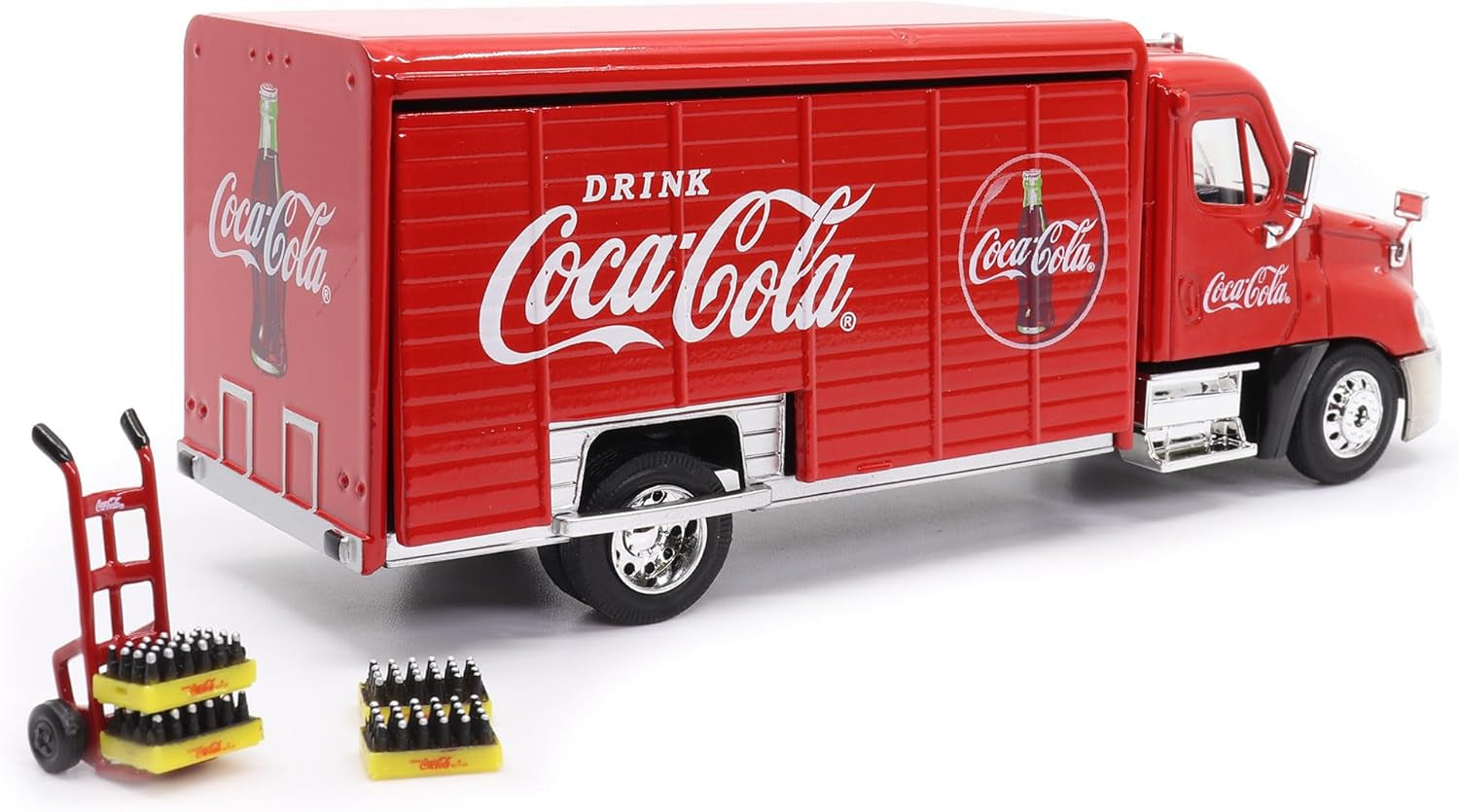 Meticulously Crafted 1:50 Scale Coca-Cola Beverage Delivery Truck with Functional Sliding Doors, Handcart, and 2 Removable Bottle Cases - A Collector's Dream!