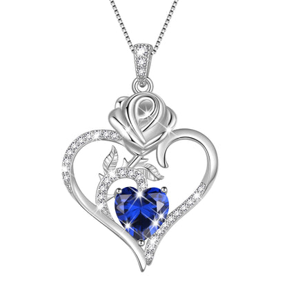 Exquisite 925 Sterling Silver Heart Rose Birthstone Necklace Featuring September Blue Sapphire – The Perfect Gift for Her on Special Occasions!