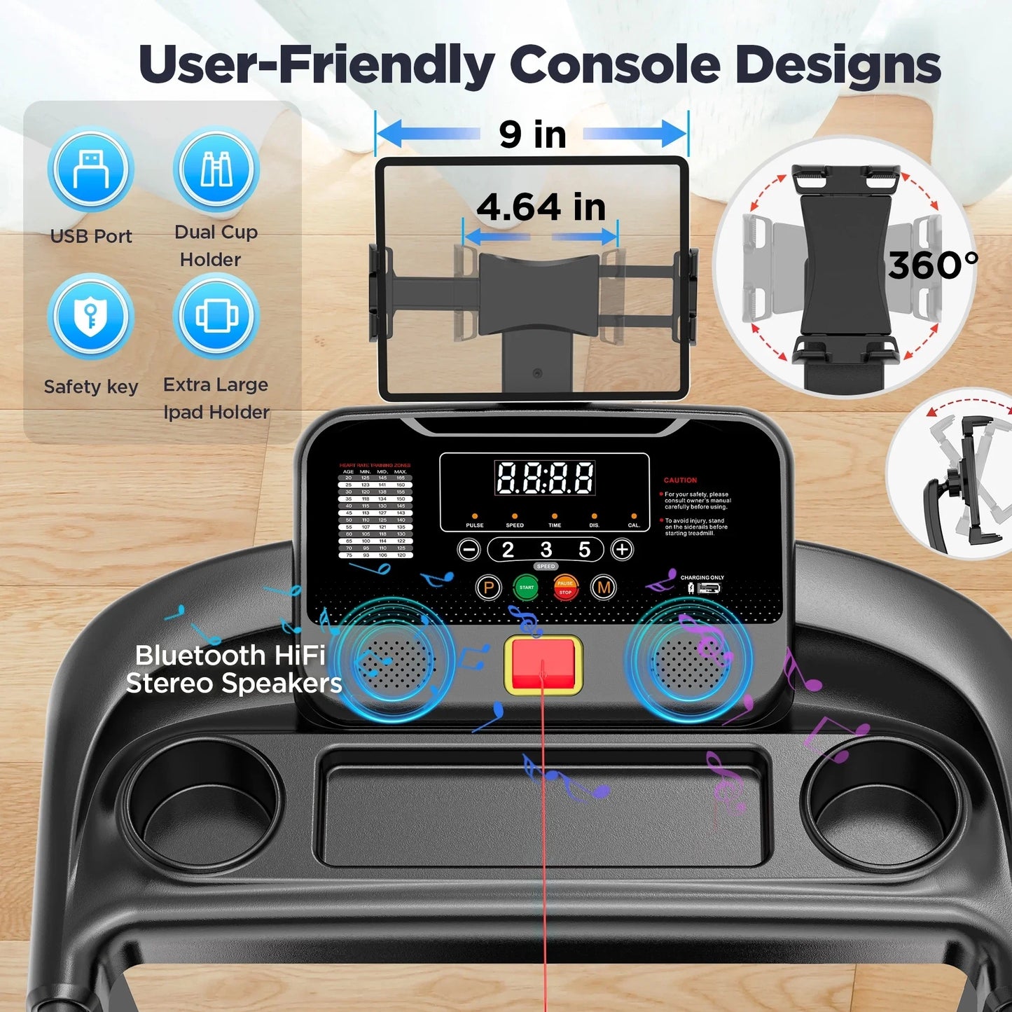300Lbs Capacity Folding Incline Treadmill: Versatile Home Running Machine with 64+ Programs, Virtual APP Control, and Adjustable iPad Holder