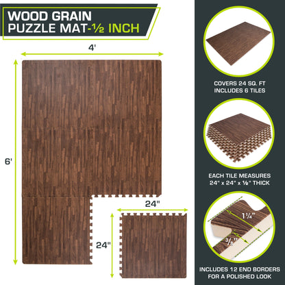 Dark Oak Wood-Grain EVA Foam Interlocking Floor Tiles - 1/2" Thickness for Enhanced Comfort and Protection