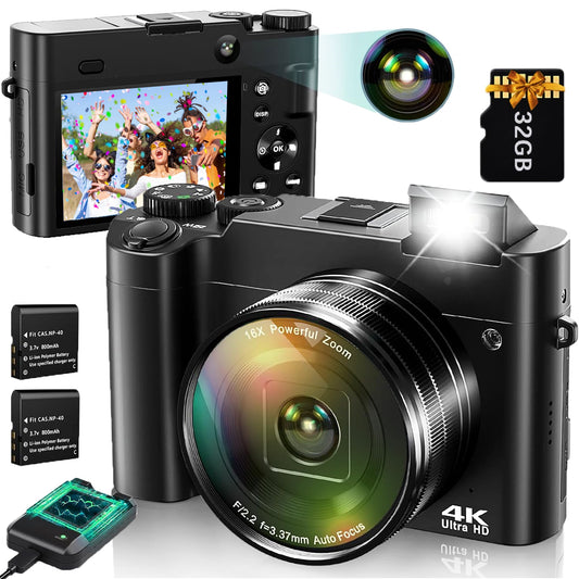 Capture Every Moment with the ACTITOP 4K Ultra HD Digital Camera - 64MP Dual Lens Vlogging Powerhouse with 16X Zoom and 32GB Card!