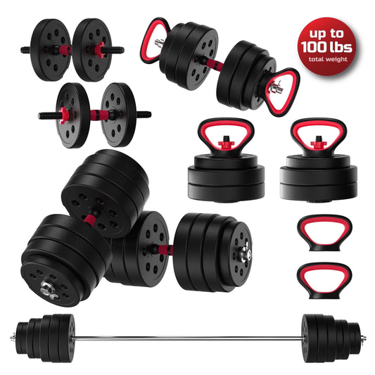 Transform Your Home Workouts with the FitRx 100Lbs Adjustable Dumbbells, Kettlebells, and Barbell Weight Set