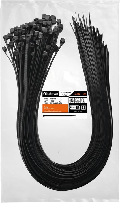 100 Pack of 12 Inch Heavy Duty Black Zip Ties - Durable Cable Management Solution with 120 Lbs Tensile Strength