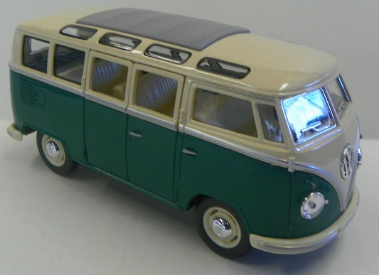 Revive the Spirit of the '60s with the KINGSMART 1962 Volkswagen Classic Hippy Bus – A Playful Die-Cast Metal Model in Vibrant Green, 1:24 Scale with Pull-Back Action!