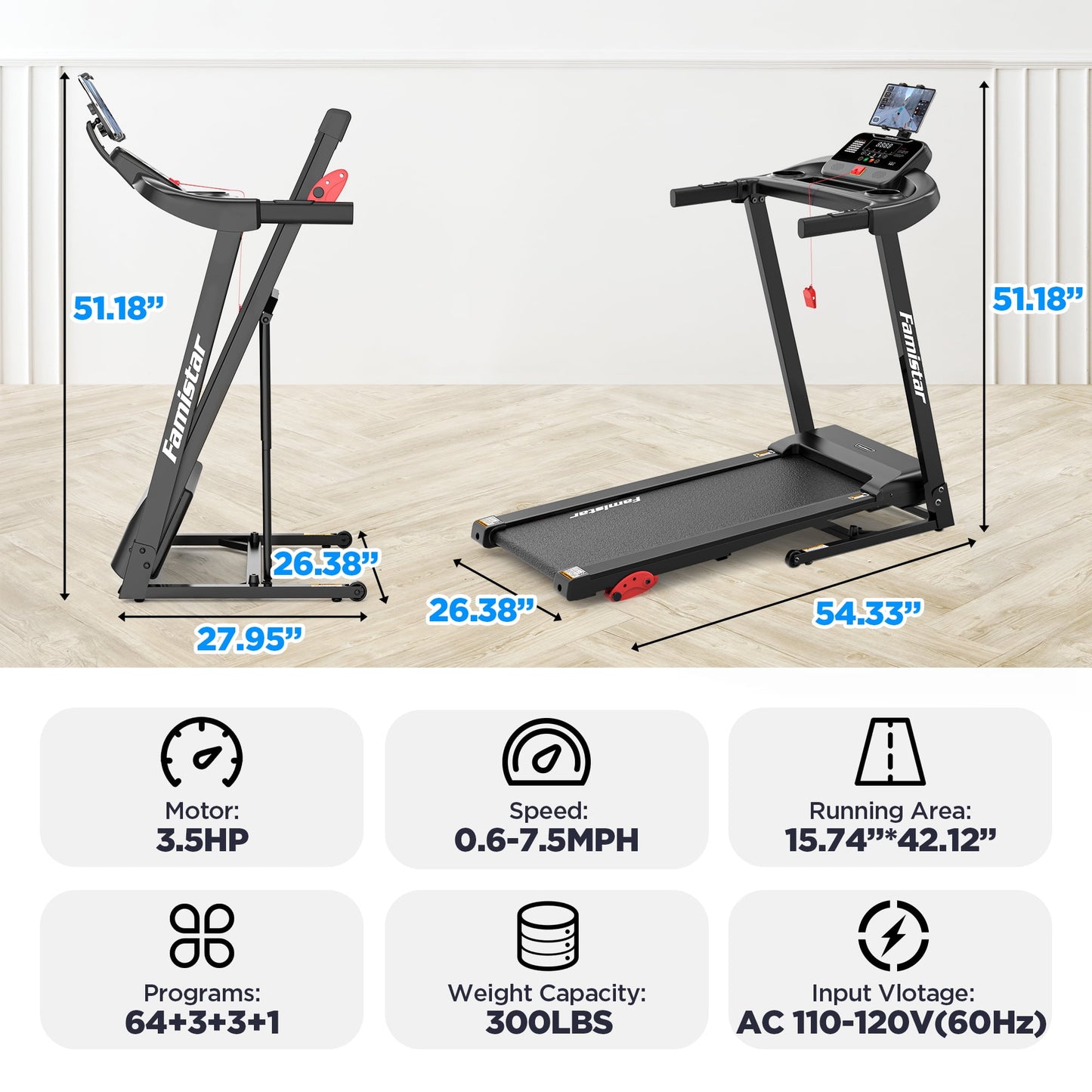 Unleash Your Fitness Potential with the Home Portable Folding Electric Treadmill - Adjustable Incline, 64 Programs, 7.5 MPH Speed, and Bluetooth Speakers for Ultimate Workout Experience!