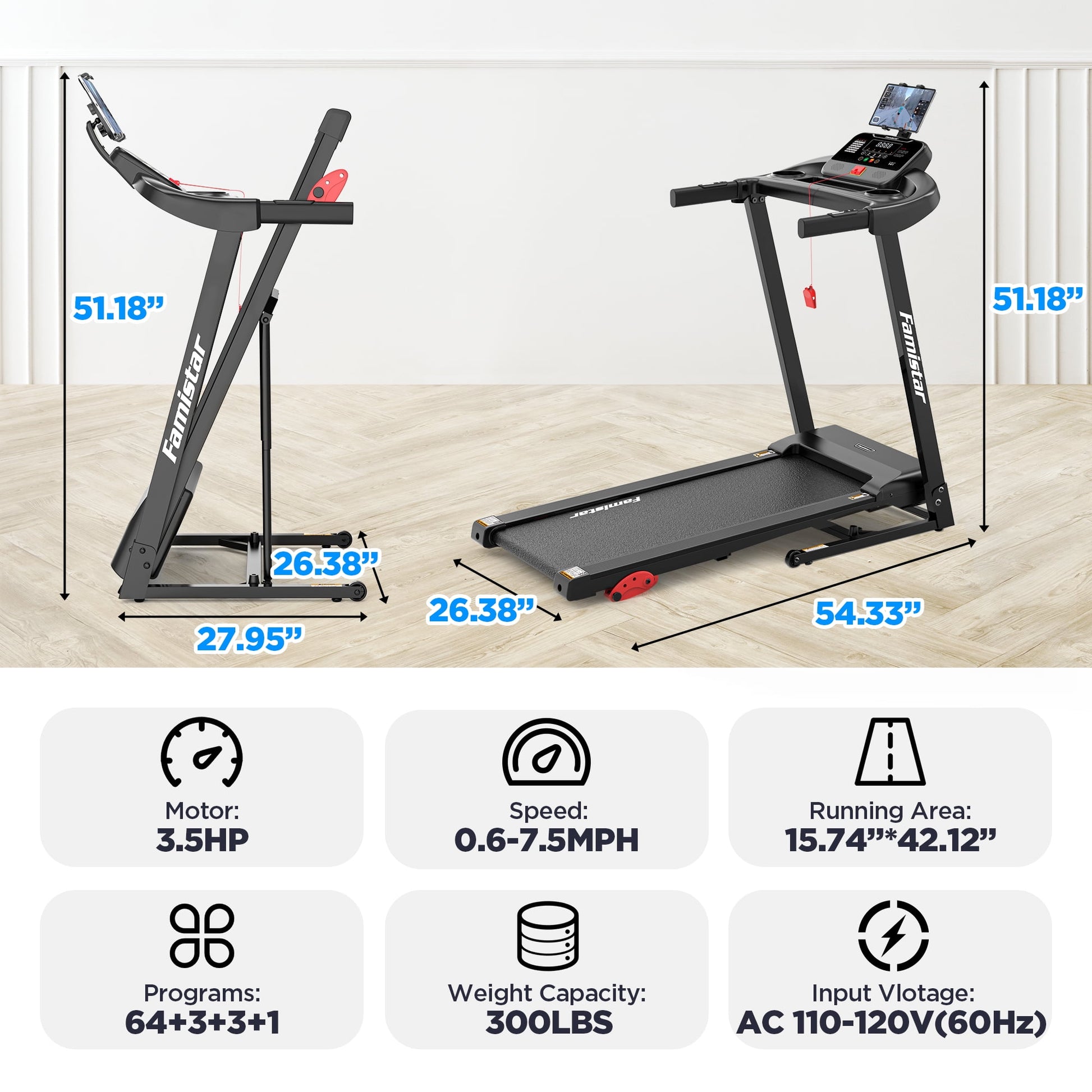 Unleash Your Fitness Potential with the Home Portable Folding Electric Treadmill - Adjustable Incline, 64 Programs, 7.5 MPH Speed, and Bluetooth Speakers for Ultimate Workout Experience!