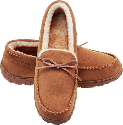 Men'S Moccasin Slippers Memory Foam Warm Plush House Slippers, Indoor Outdoor Comfortable Winter House Shoes