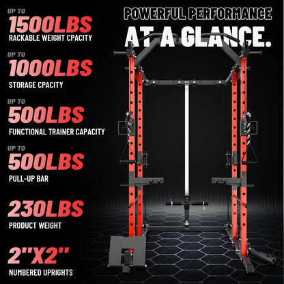 Ultimate Power Rack Cage: 1500 Lbs Weight Rack with Versatile Cable Crossover Machine – Multi-Function Squat Rack Featuring J Hooks, Dip Bars, and Landmine for Your Home Gym (Red)