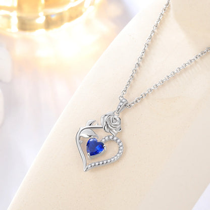 Exquisite 925 Sterling Silver Heart Rose Birthstone Necklace Featuring September Blue Sapphire – The Perfect Gift for Her on Special Occasions!
