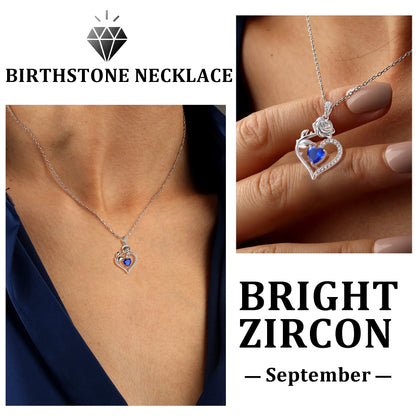 Exquisite 925 Sterling Silver Heart Rose Birthstone Necklace Featuring September Blue Sapphire – The Perfect Gift for Her on Special Occasions!
