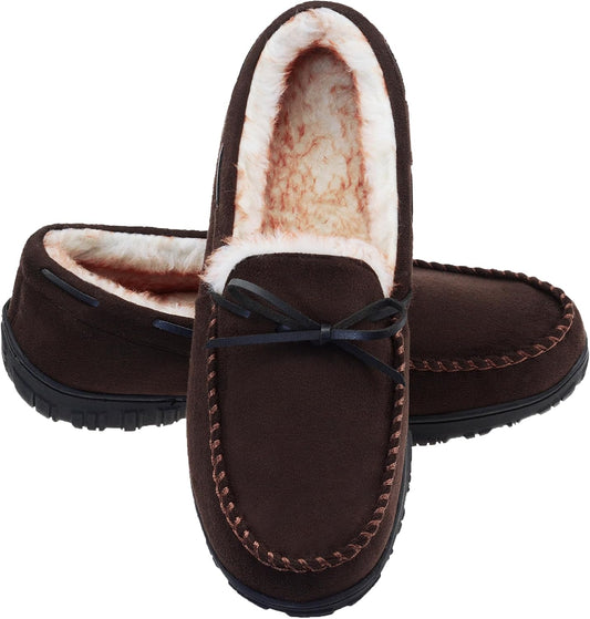 Men'S Moccasin Slippers Memory Foam Warm Plush House Slippers, Indoor Outdoor Comfortable Winter House Shoes